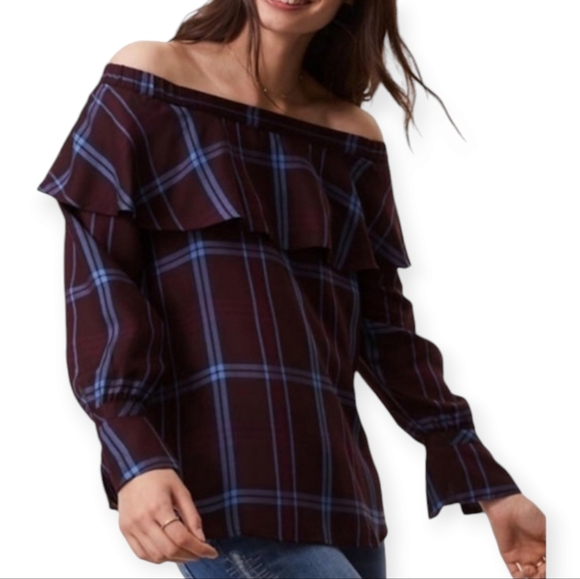 Loft purple blue plaid off the shoulder blouse top Womens Large - Picture 4 of 6